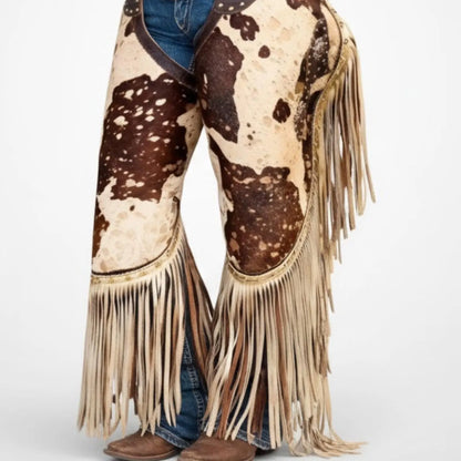 Handmade Brown Hair On Hide Cowhide Chaps with Western Fringe for Rodeo Wear