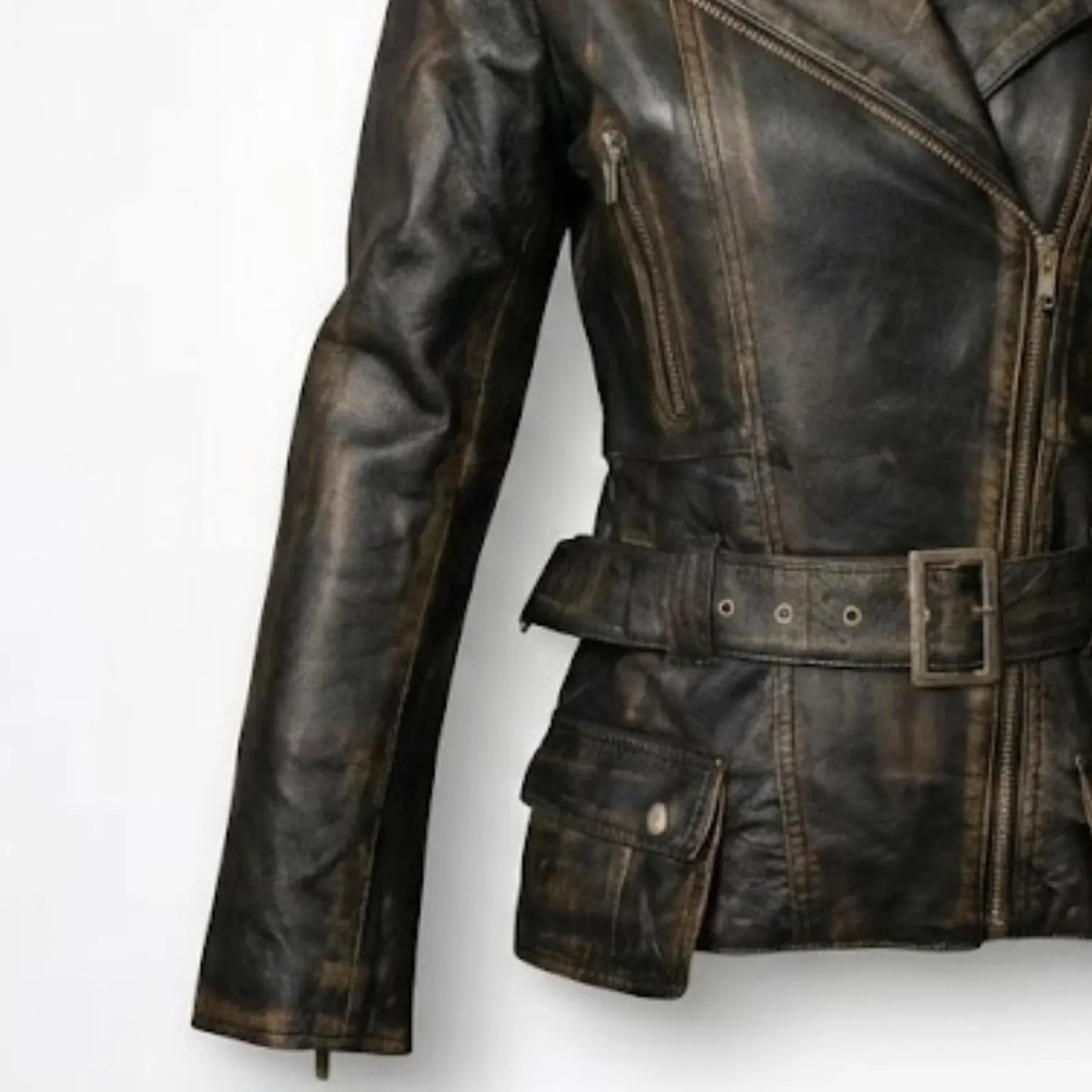 Handmade Black Distressed Leather Jacket – Women's Biker Style Coat