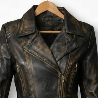 Handmade Black Distressed Leather Jacket – Women's Biker Style Coat