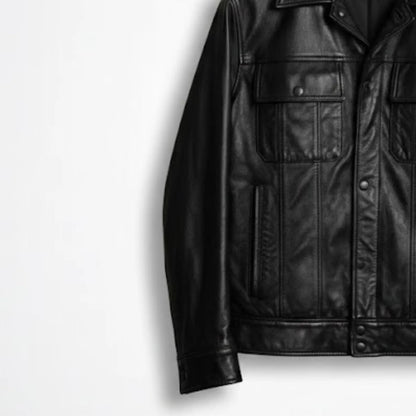 Handmade Black Leather Trucker Jacket – Men’s Vintage Style Coat