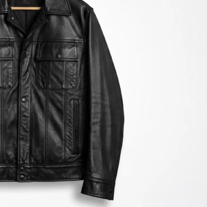 Handmade Black Leather Trucker Jacket – Men’s Vintage Style Coat