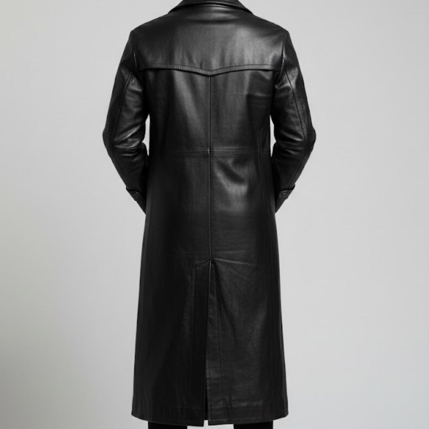 Handmade Black Leather Trench Coat – Double Breasted Military Style Long Jacket