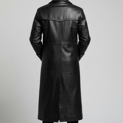 Handmade Black Leather Trench Coat – Double Breasted Military Style Long Jacket