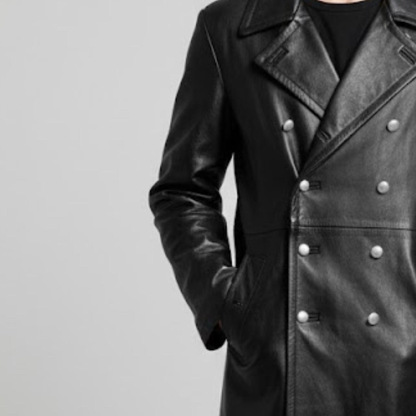 Handmade Black Leather Trench Coat – Double Breasted Military Style Long Jacket