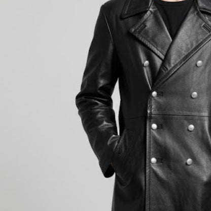 Handmade Black Leather Trench Coat – Double Breasted Military Style Long Jacket