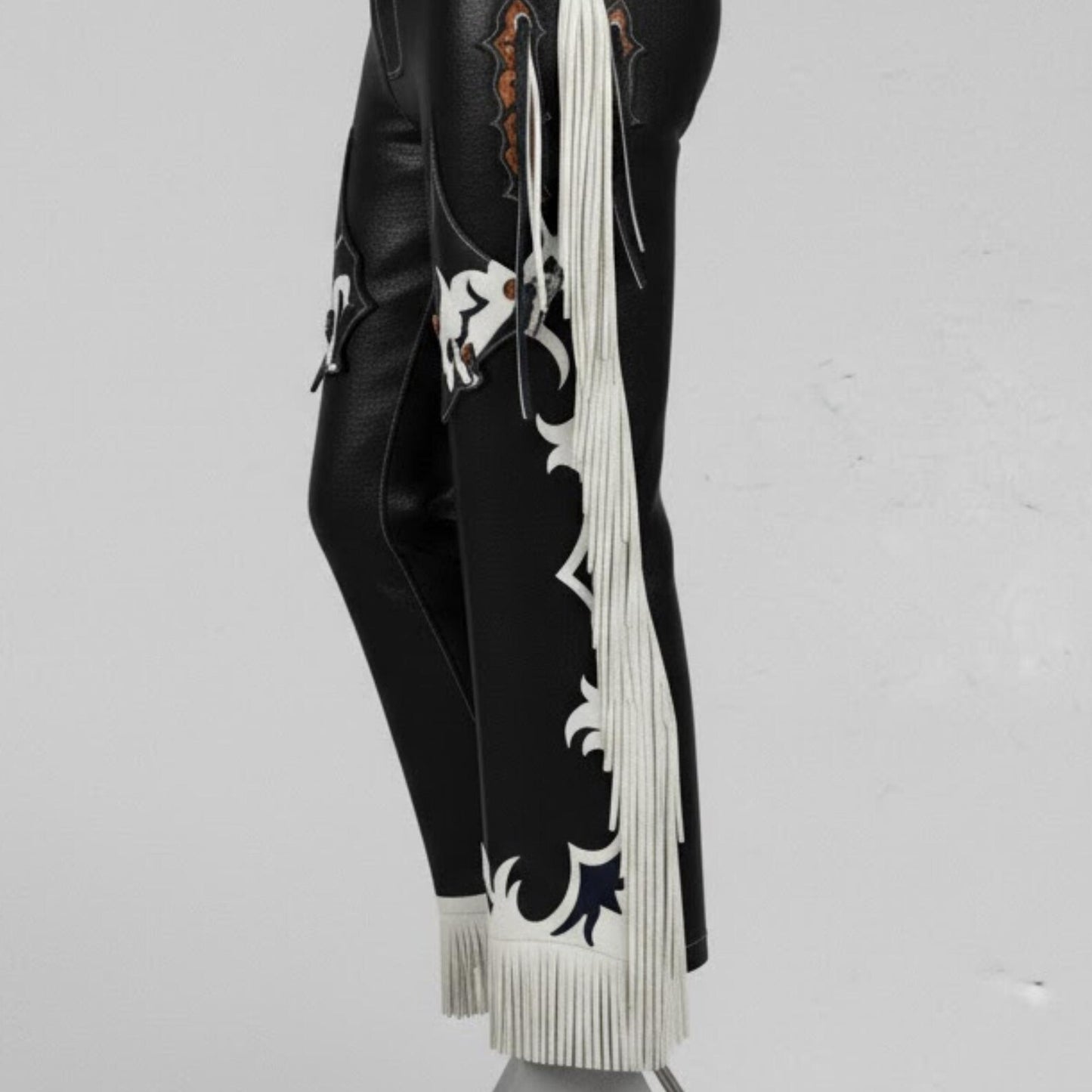 Custom Western Leather Chaps with White Fringe, Handmade Rodeo Gear for Men.