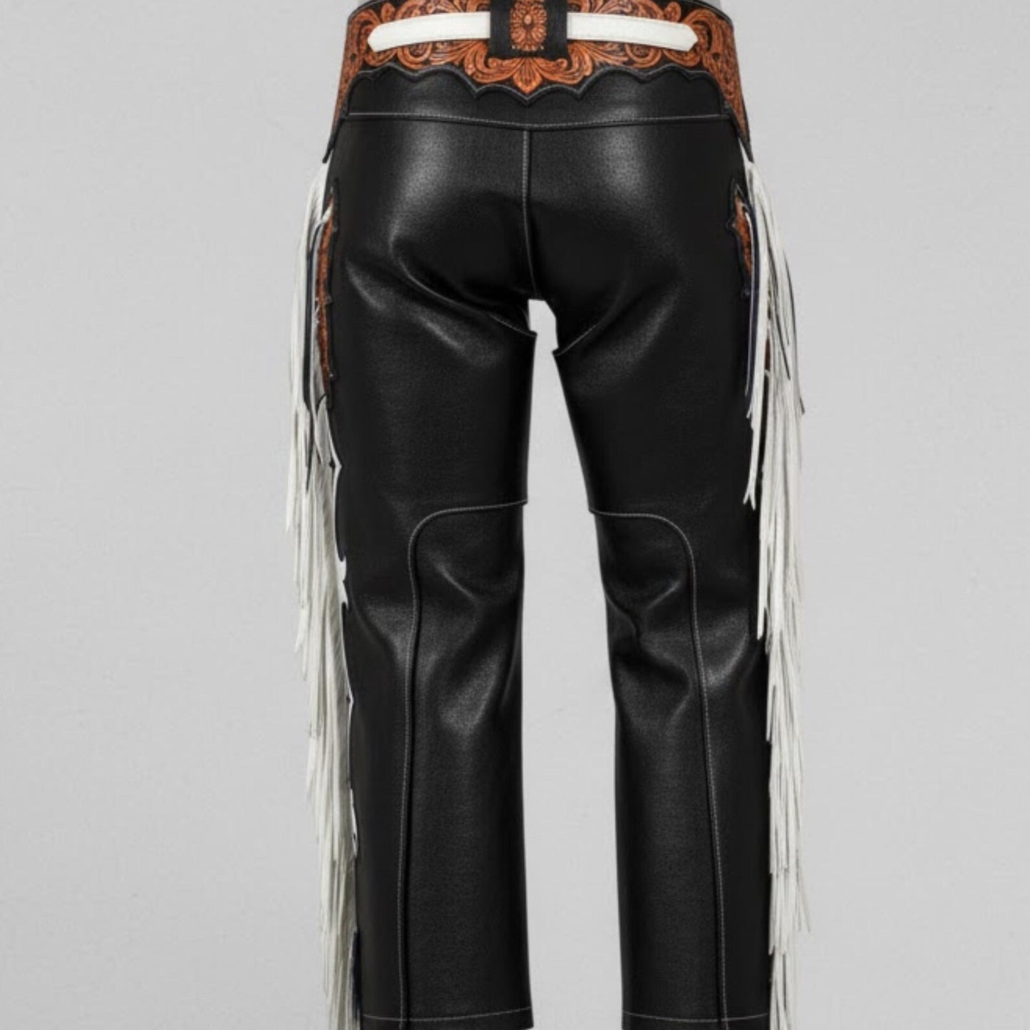 Custom Western Leather Chaps with White Fringe, Handmade Rodeo Gear for Men.