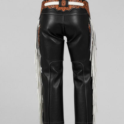 Custom Western Leather Chaps with White Fringe, Handmade Rodeo Gear for Men.