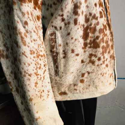 Handmade Brown White Speckled Cowhide Jacket, A Unique Western Hair on Hide Coat