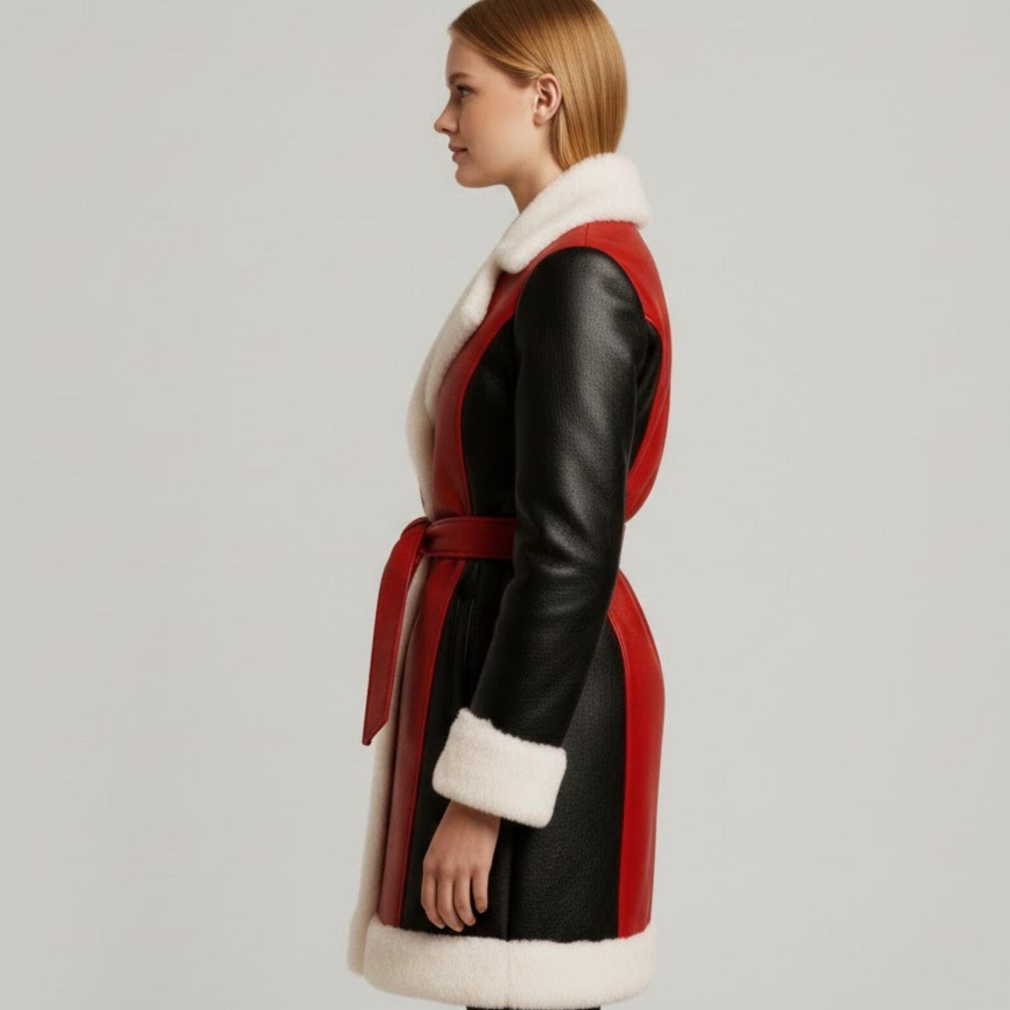 Custom Red Black Shearling Coat – Warm Faux Fur Winter Jacket for Women