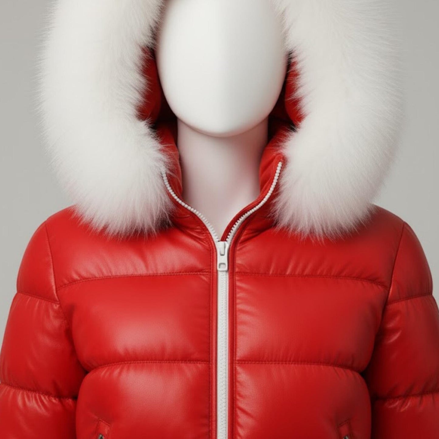Handmade Red Leather Puffer Jacket – Warm Women's Winter Coat with Fur Hood