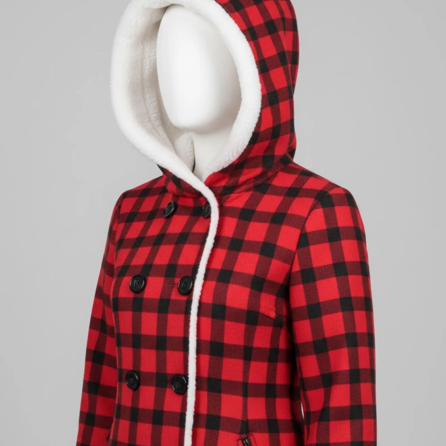 Handmade Red Plaid Coat – Sherpa Fleece Lined Winter Jacket for Women