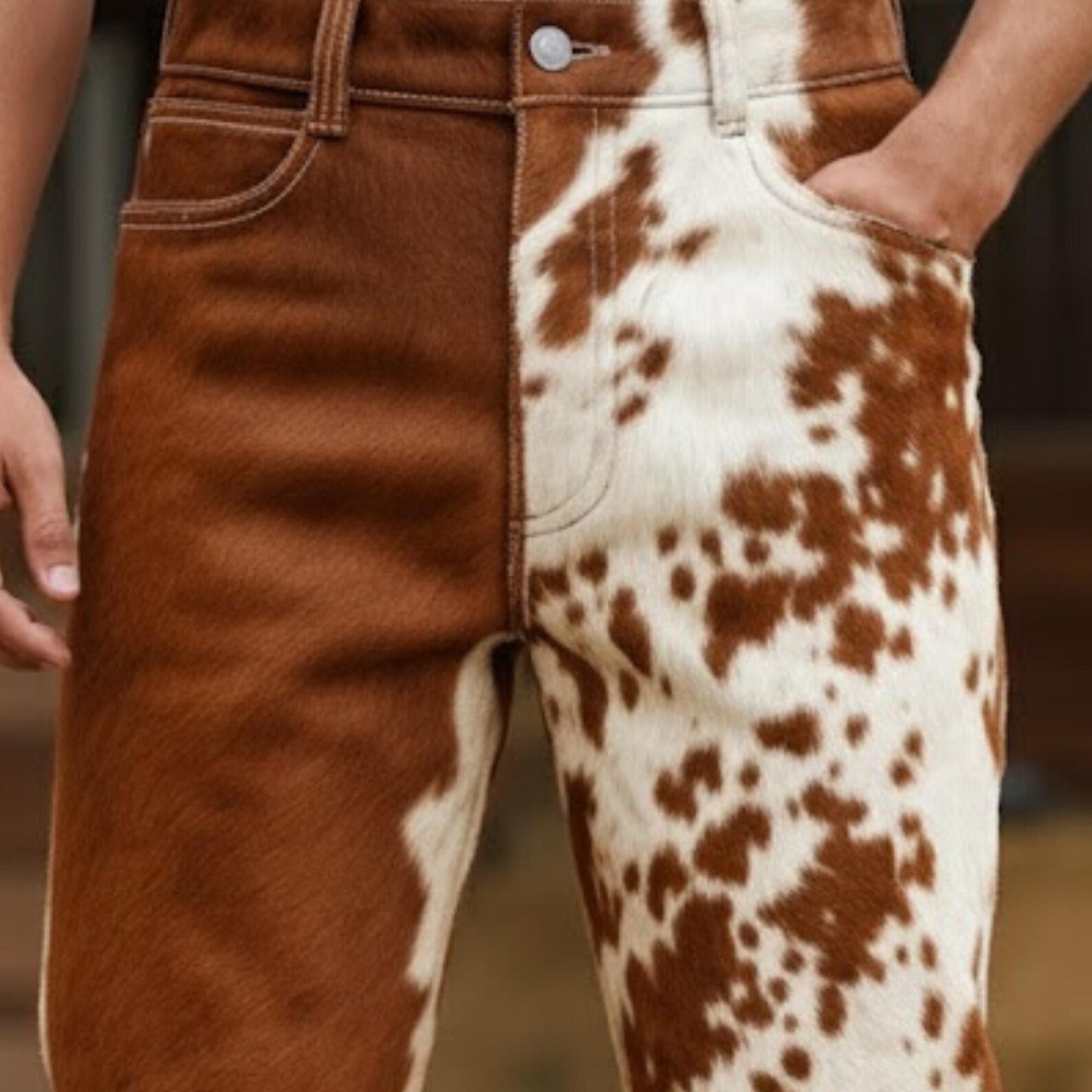 Handmade Brown Cowhide Pants – Men's Western Pants, Rodeo Patchwork Jeans.