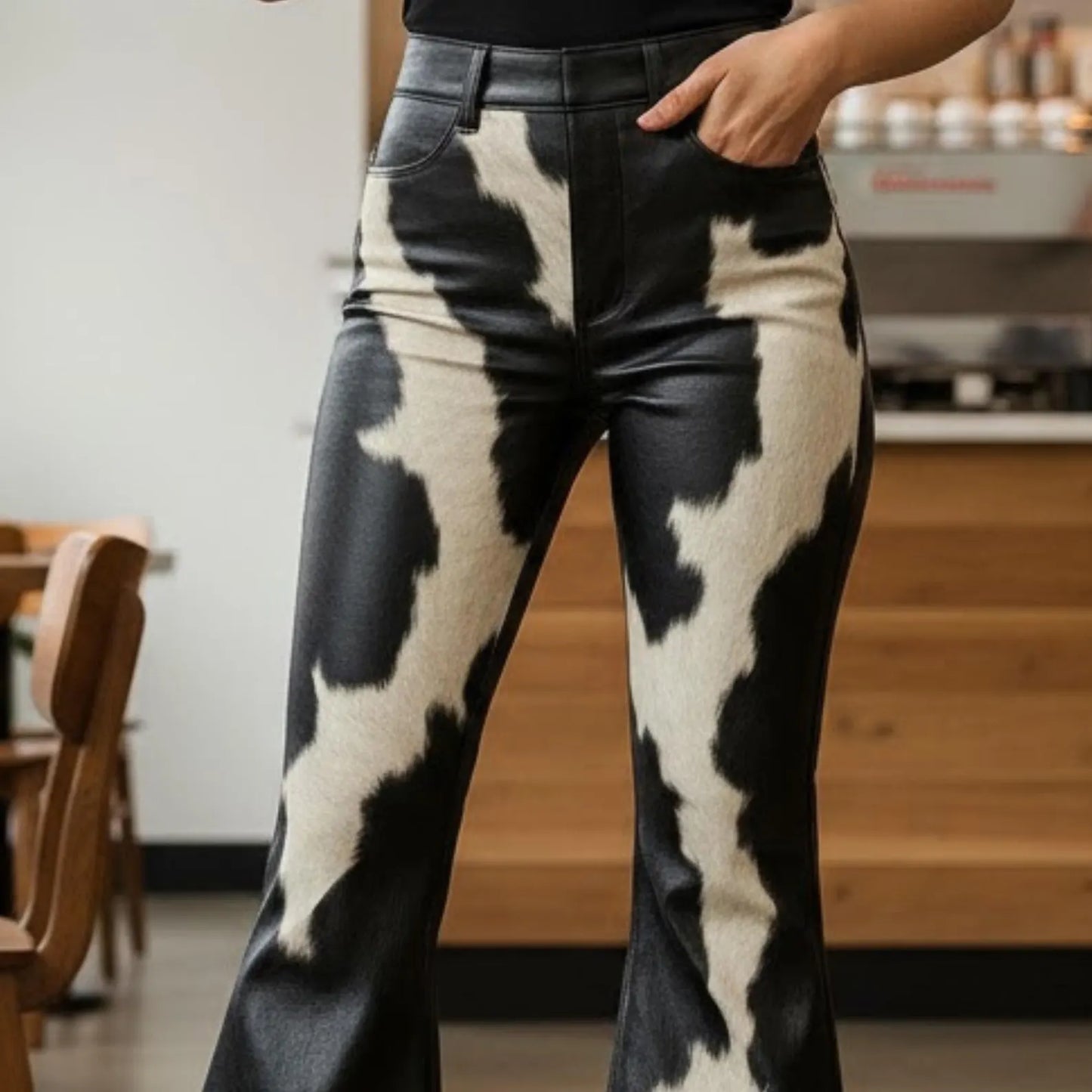 Handmade Cow Print Faux Leather Pants - Western Flare Pants for Festivals