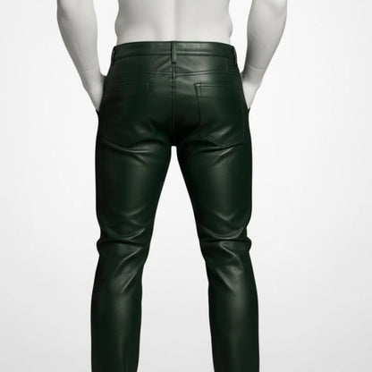 Handmade Green Biker Leather Pants for Men, Custom Edgy Streetwear Trousers Gift.