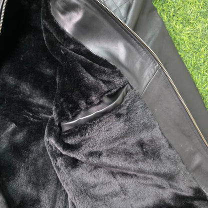 Handmade Black Leather Mens Jacket – Warm Fur Lined Biker Winter Coat
