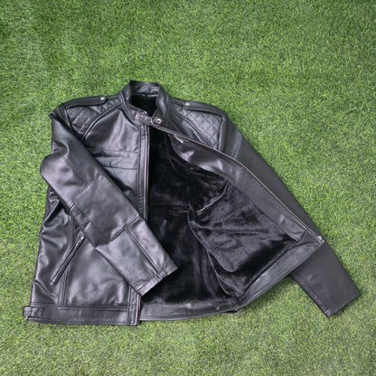 Handmade Black Leather Mens Jacket – Warm Fur Lined Biker Winter Coat