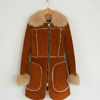 Unique Brown Shearling Coat - Women's Sheepskin Jacket Warm Winter Fashion