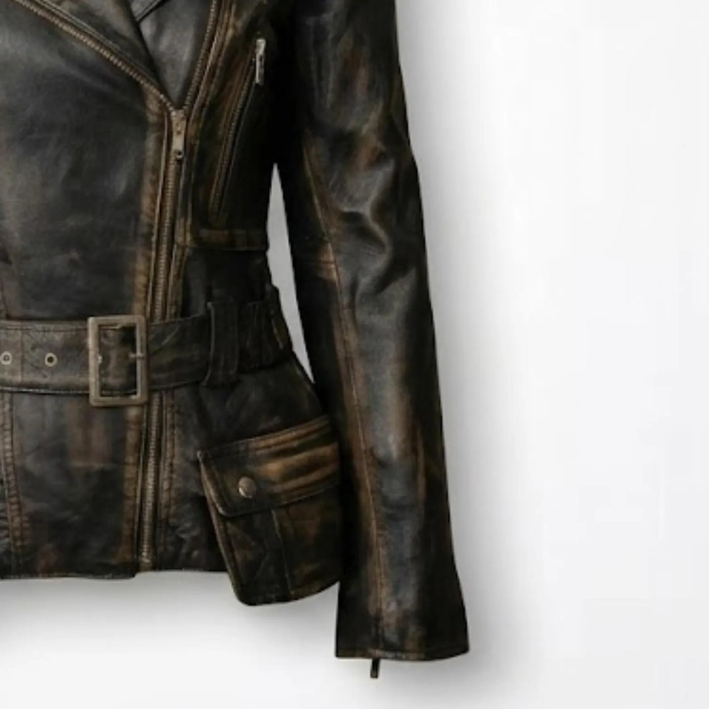 Handmade Black Distressed Leather Jacket – Women's Biker Style Coat