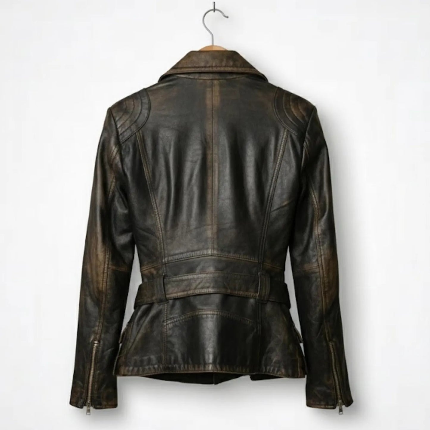 Handmade Black Distressed Leather Jacket – Women's Biker Style Coat