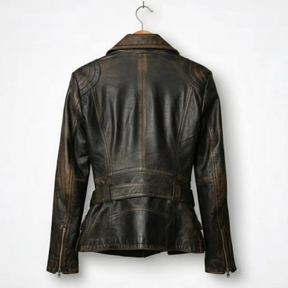 Handmade Black Distressed Leather Jacket – Women's Biker Style Coat