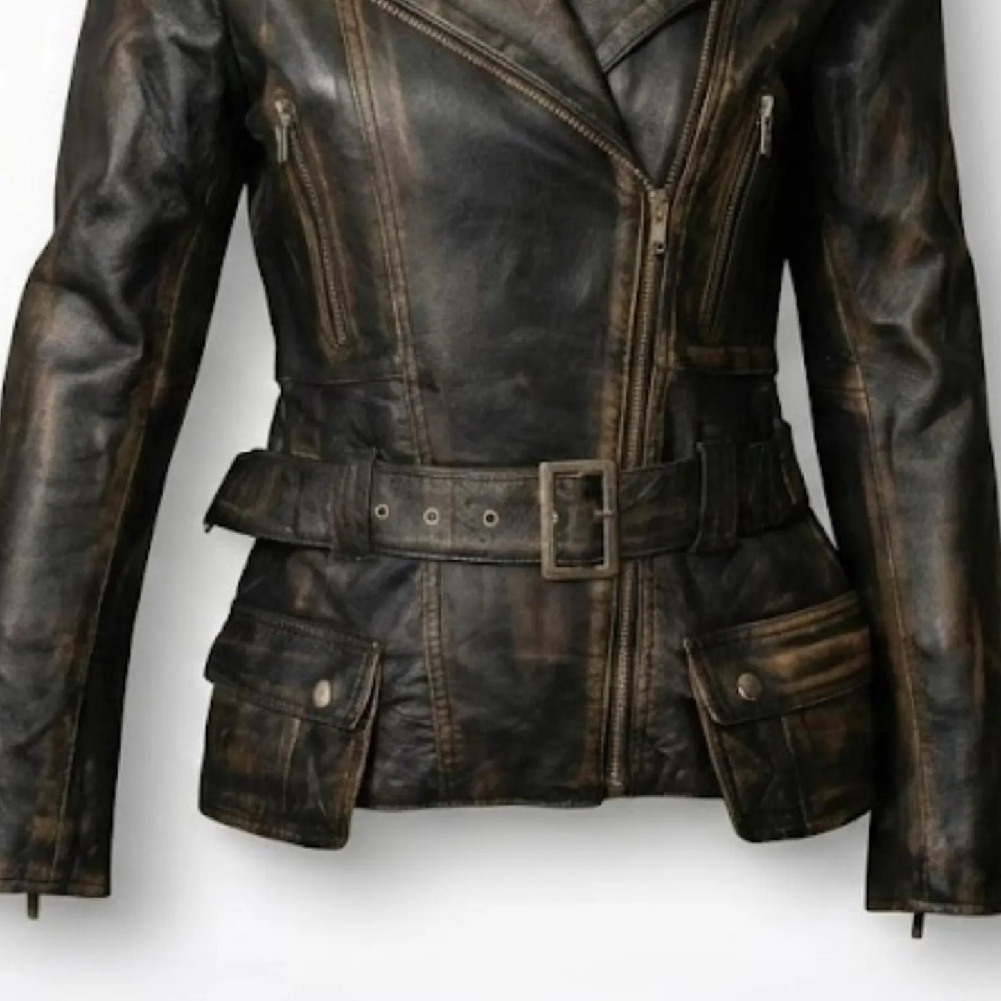 Handmade Black Distressed Leather Jacket – Women's Biker Style Coat