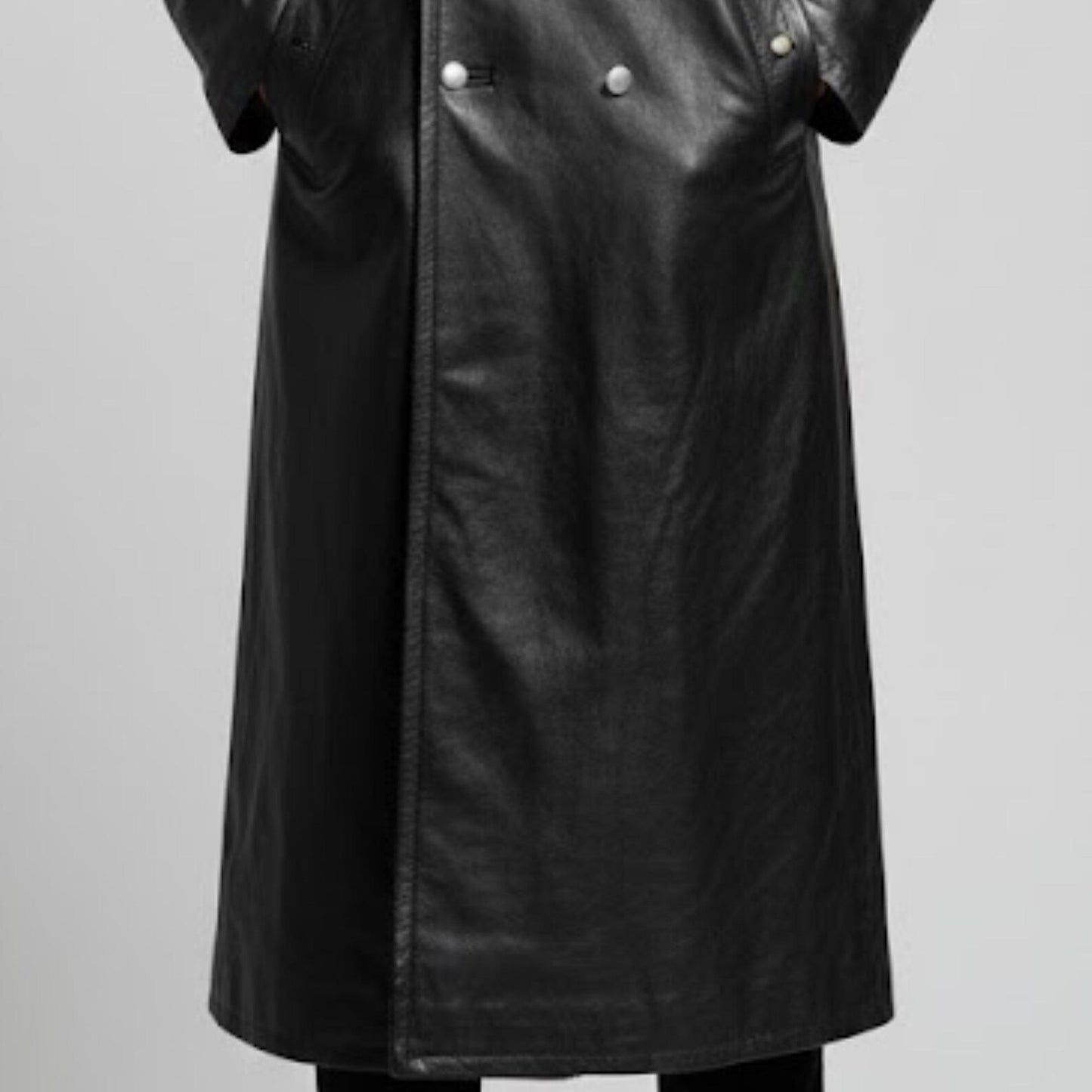 Handmade Black Leather Trench Coat – Double Breasted Military Style Long Jacket
