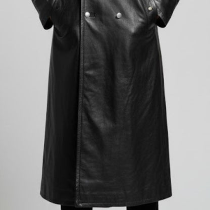 Handmade Black Leather Trench Coat – Double Breasted Military Style Long Jacket