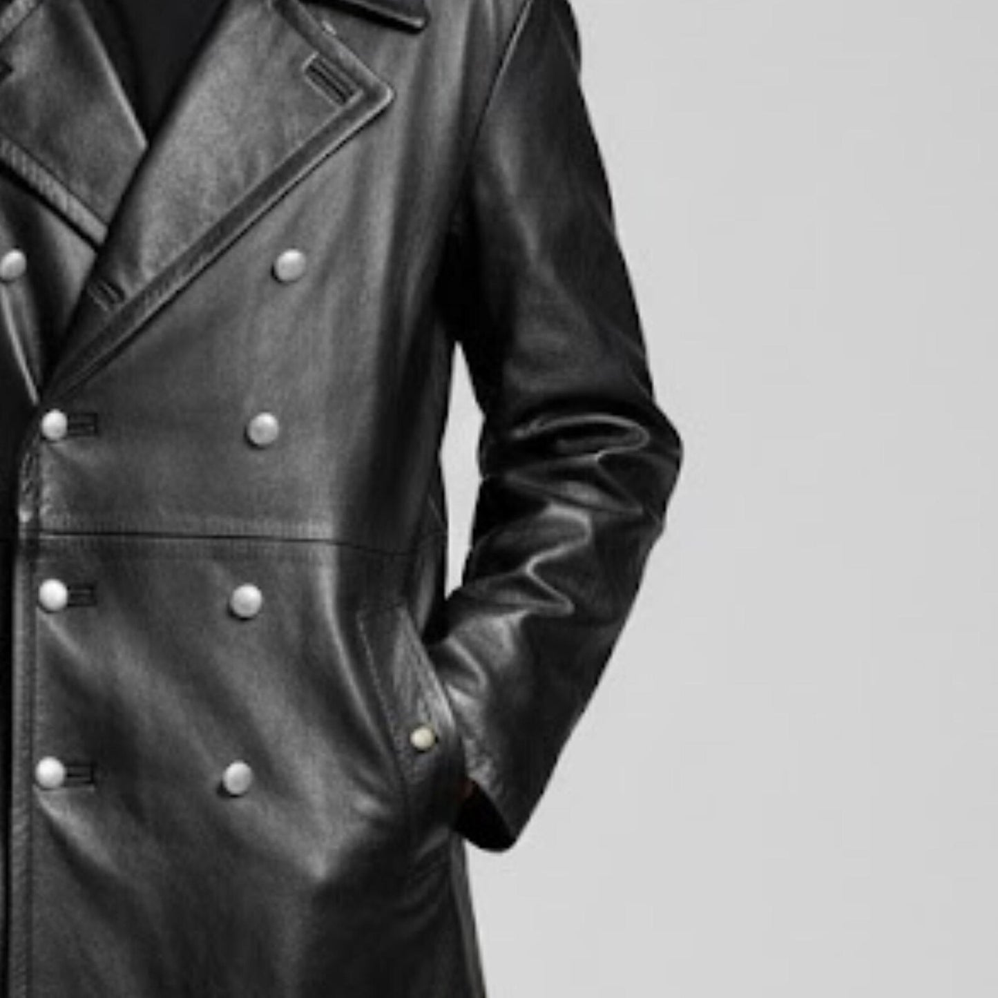 Handmade Black Leather Trench Coat – Double Breasted Military Style Long Jacket