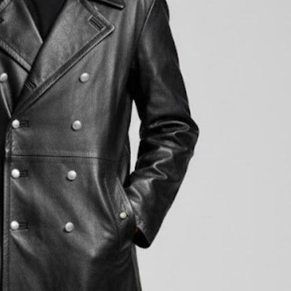 Handmade Black Leather Trench Coat – Double Breasted Military Style Long Jacket