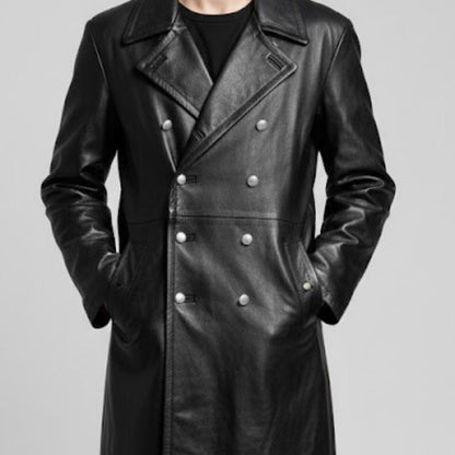 Handmade Black Leather Trench Coat – Double Breasted Military Style Long Jacket