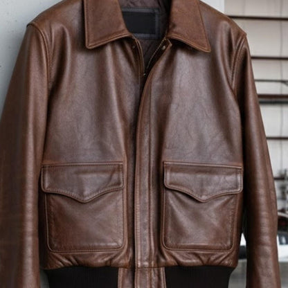 Handmade Brown Leather Jacket – Men's Bomber Style Outerwear Gift