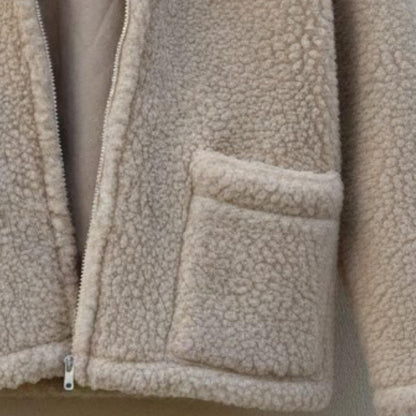 Handmade Beige Sherpa Jacket, Teddy Fleece Hoodie – Cozy Winter Outerwear