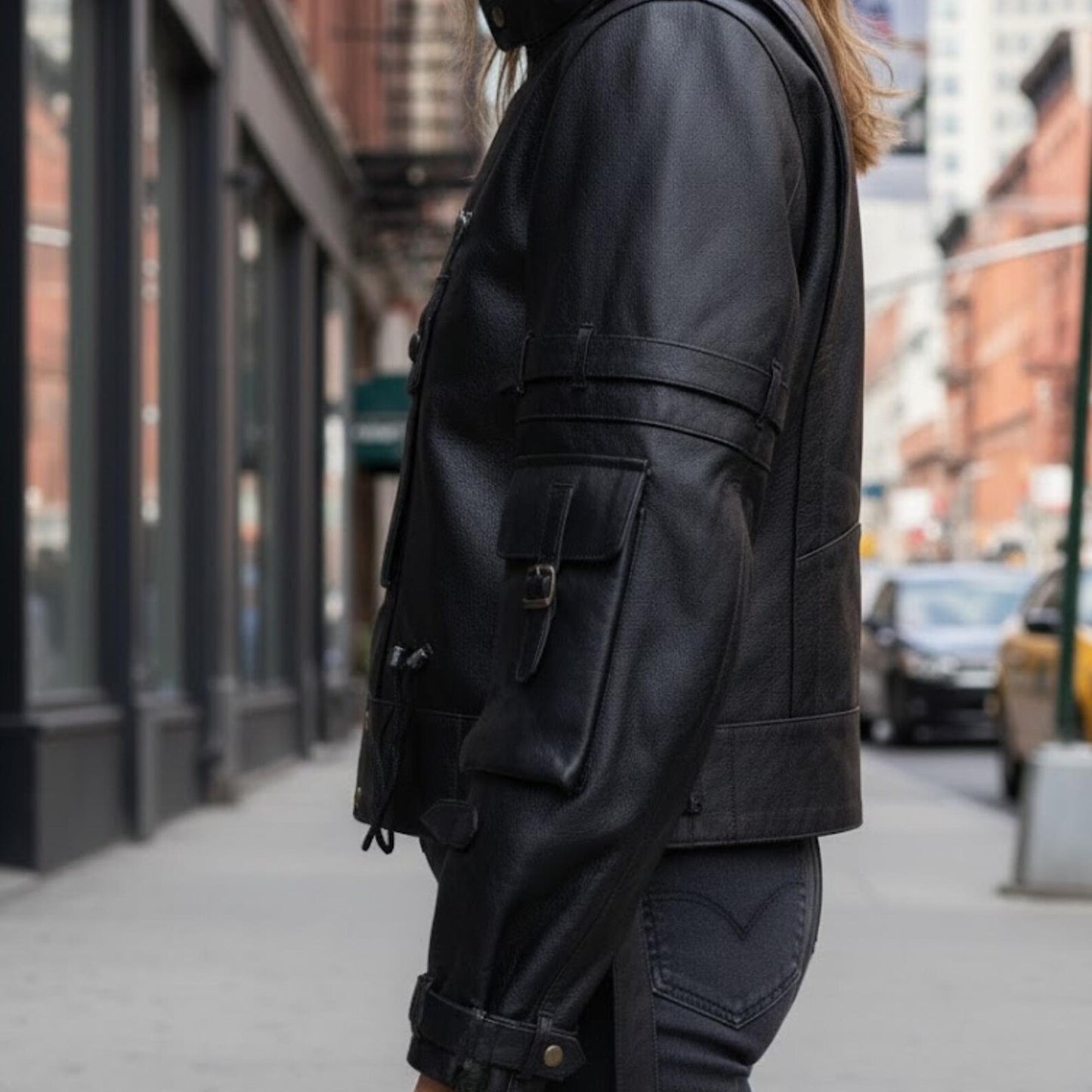 Handmade Black Leather Cyberpunk Jacket – Tactical Tech wear Biker Style