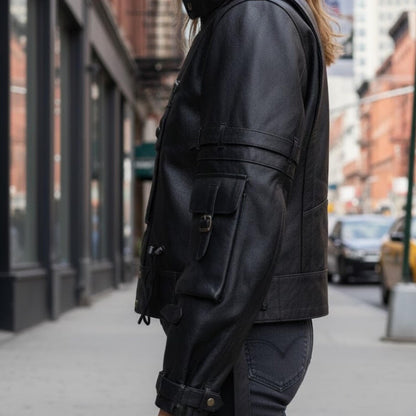 Handmade Black Leather Cyberpunk Jacket – Tactical Tech wear Biker Style