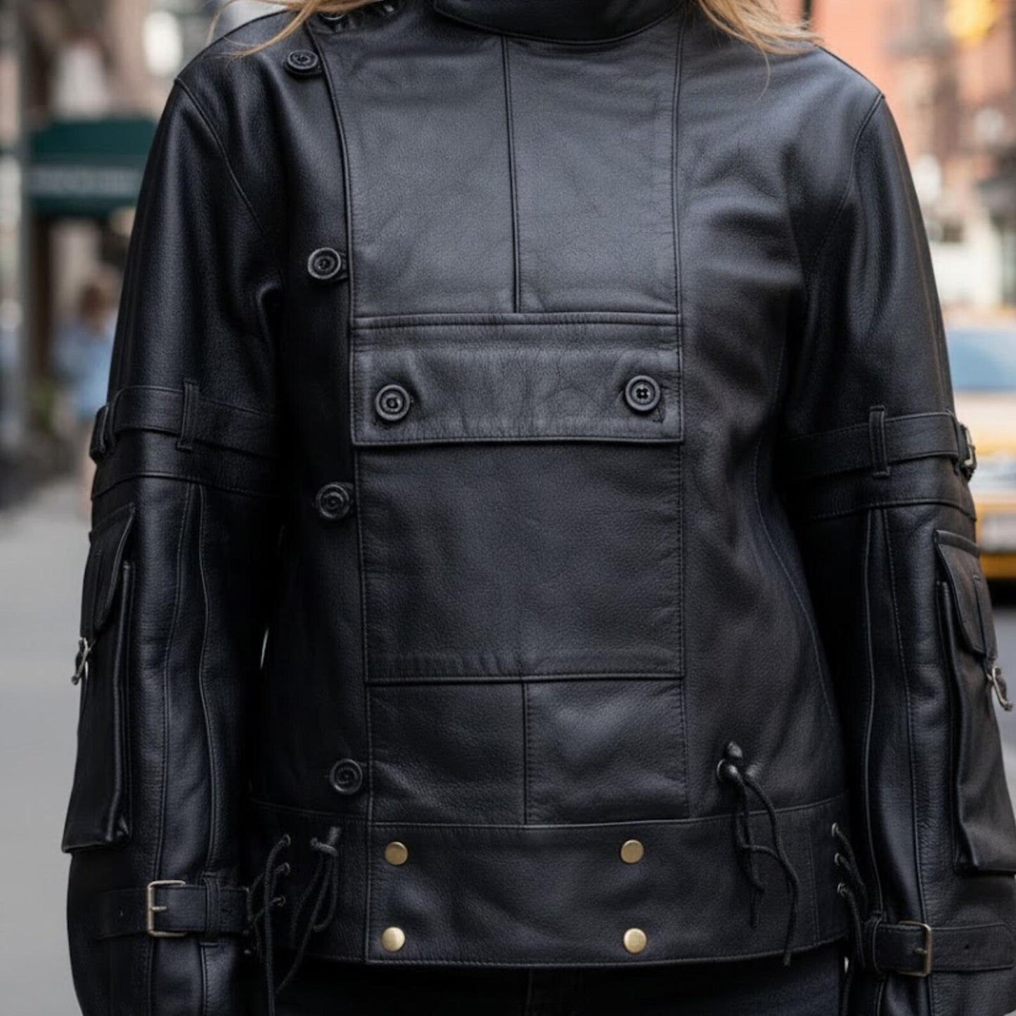 Handmade Black Leather Cyberpunk Jacket – Tactical Tech wear Biker Style
