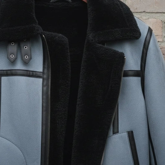 Handmade Blue Suede Shearling Jacket – Mens Winter Aviator Bomber Coat