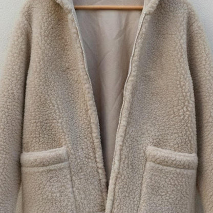 Handmade Beige Sherpa Jacket, Teddy Fleece Hoodie – Cozy Winter Outerwear