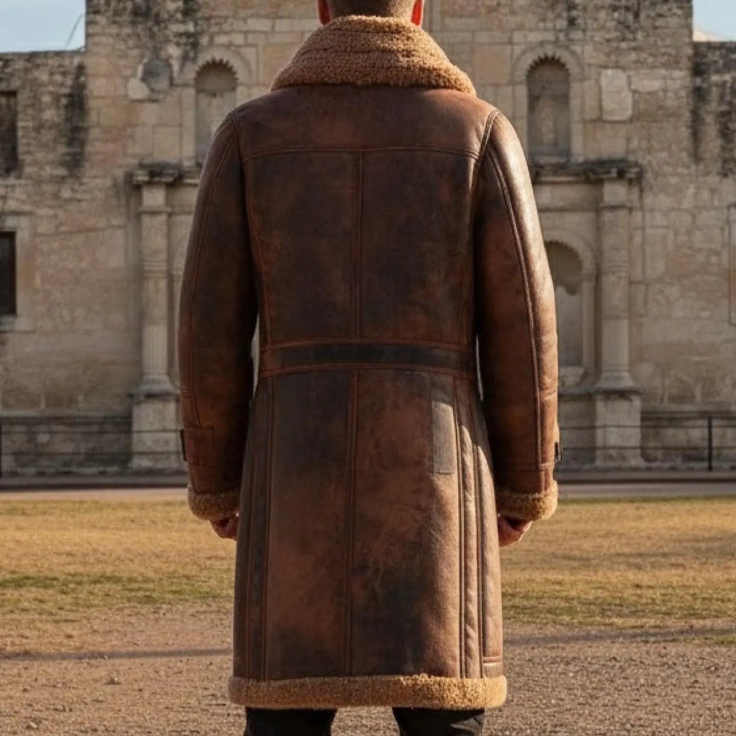 Handmade Brown Sheepskin Duffle Coat – Rugged Mens Winter Sheepskin Jacket