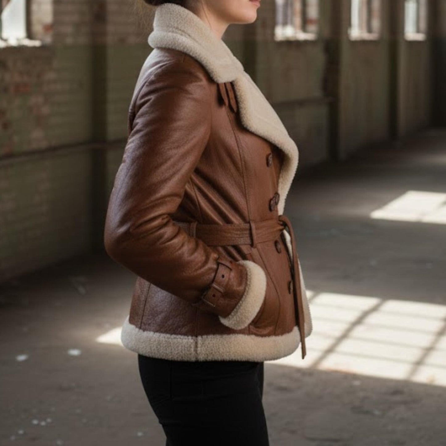 Handmade Brown Leather – Women's Shearling Aviator Jacket Winter