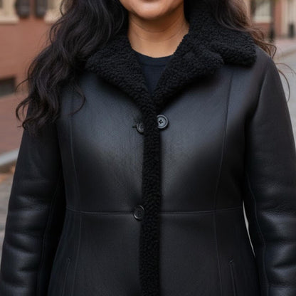 Handmade Black Shearling Coat Women – Long Leather Jacket Winter Outerwear