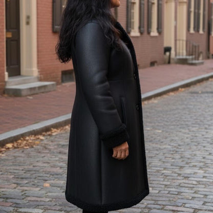 Handmade Black Shearling Coat Women – Long Leather Jacket Winter Outerwear