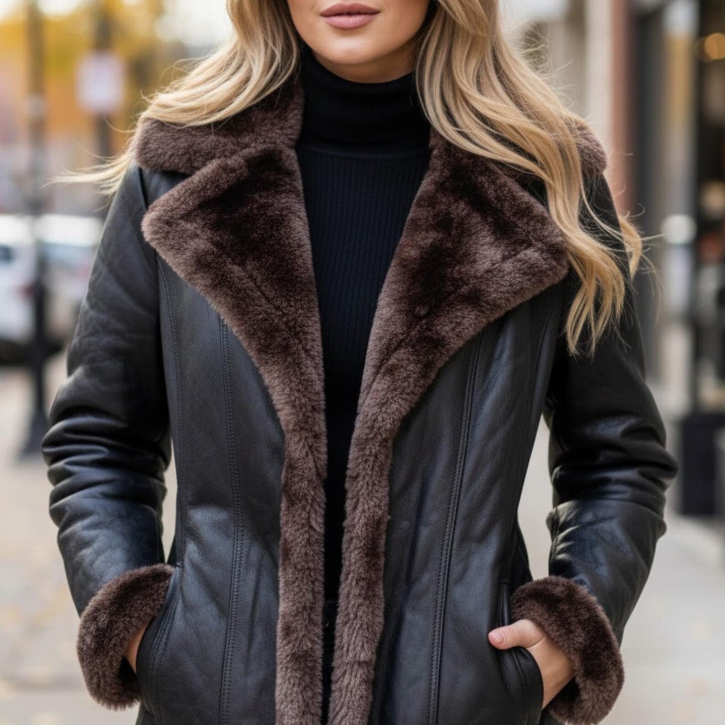 Handmade Black Leather Fur Coat – Penny Lane Style Shearling for Winter