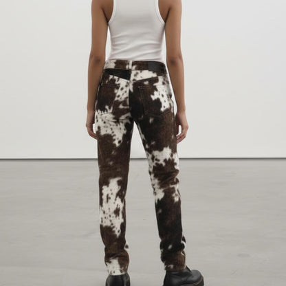 Cow Print Faux Fur Pants | Y2K Western Jeans | High Waisted Animal Print Trousers