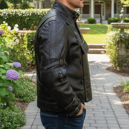 Handmade Black Leather Motorcycle Jacket - Rugged Steampunk Biker Style Gift