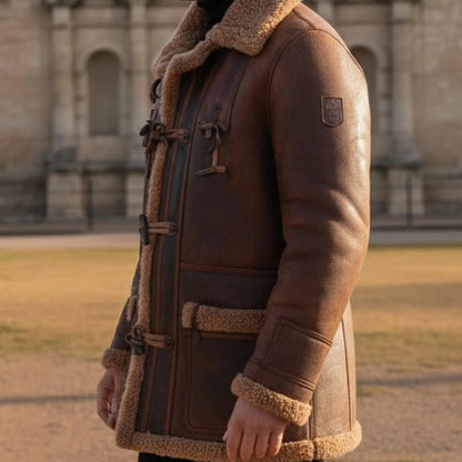 Handmade Brown Sheepskin Duffle Coat – Rugged Mens Winter Sheepskin Jacket