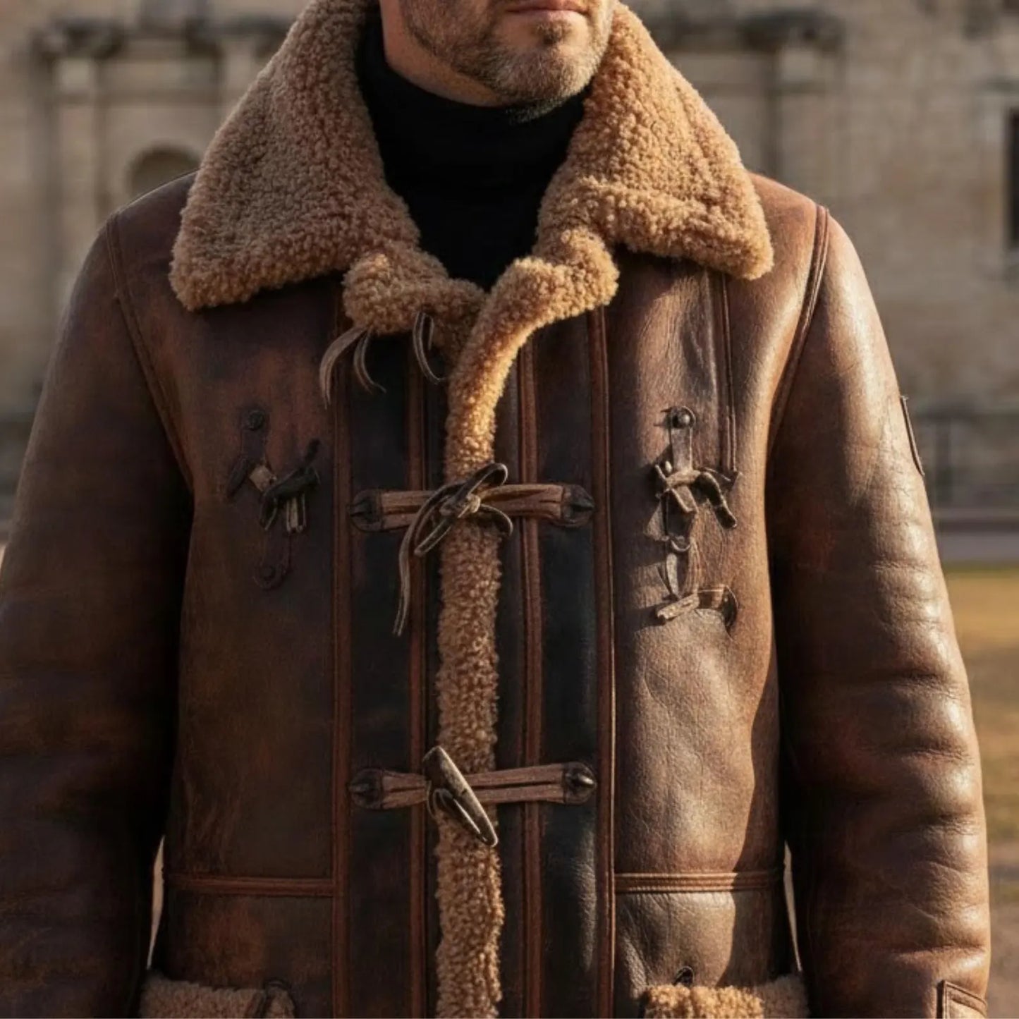 Handmade Brown Sheepskin Duffle Coat – Rugged Mens Winter Sheepskin Jacket