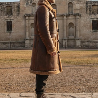 Handmade Brown Sheepskin Duffle Coat – Rugged Mens Winter Sheepskin Jacket