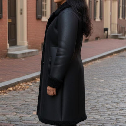 Handmade Black Shearling Coat Women – Long Leather Jacket Winter Outerwear