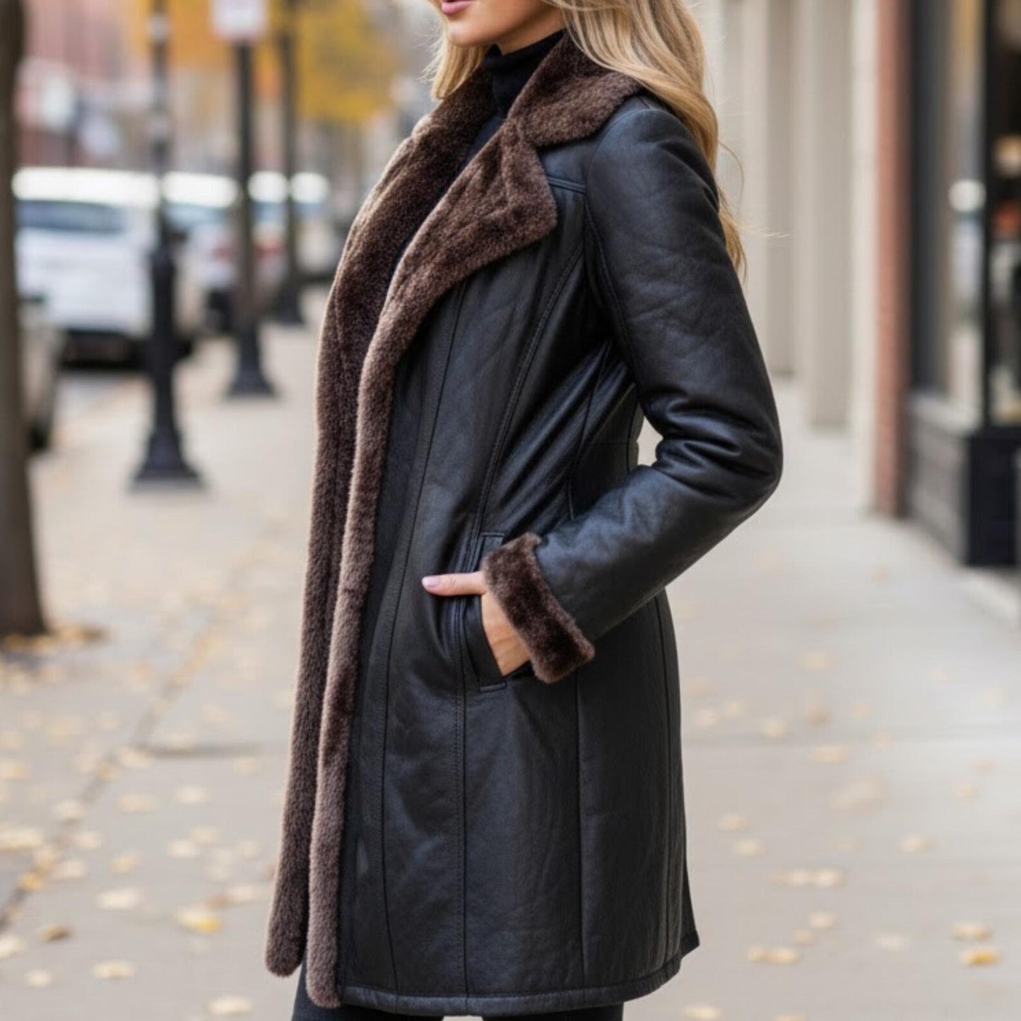 Handmade Black Leather Fur Coat – Penny Lane Style Shearling for Winter